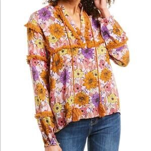 Anthropologie Raga Floral Long Sleeve V-Neck Blouse SMALL